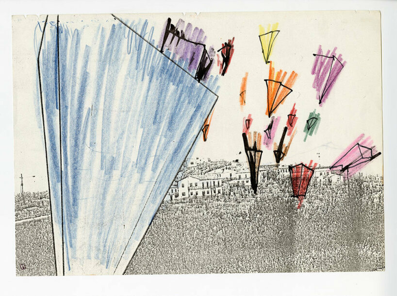 Abitazione a conficco. Matita colorata su fotocopia, [1975]