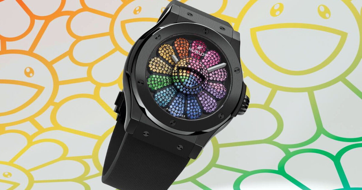 takashi murakami & hublot enclose jeweled smiling flower in 13