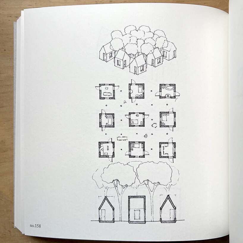 'a grid of nine separate gabled rooms with trees and outdoor furniture occupying the interstitial spaces'