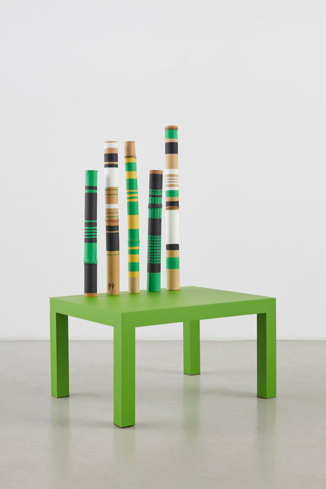 Andrea Branzi, Germinal Seat, 2022 | hand painted bamboo, painted aluminum | 48.25 x 31.25 x 23.5 inches / 123 x 79 x 60 cm