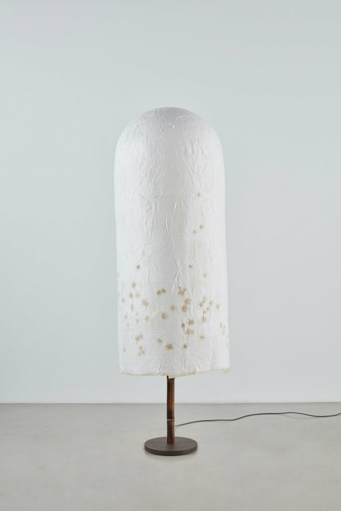 Andrea Branzi, Lamp (Maple Leaves), 2022 | japanese rice paper, maple leaves, patinated aluminum and black bamboo | 96 x 30 x 30 inches / 244 x 76 x 76 cm