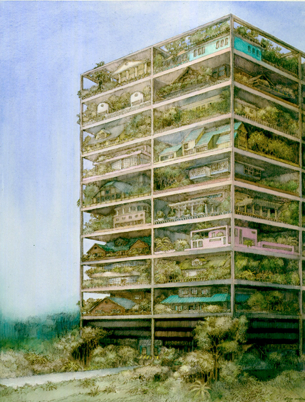 James Wines, Drawing of the Highrise of Homes (theoretical project), 1981, Collection Jonathan Holtzman © James Wines