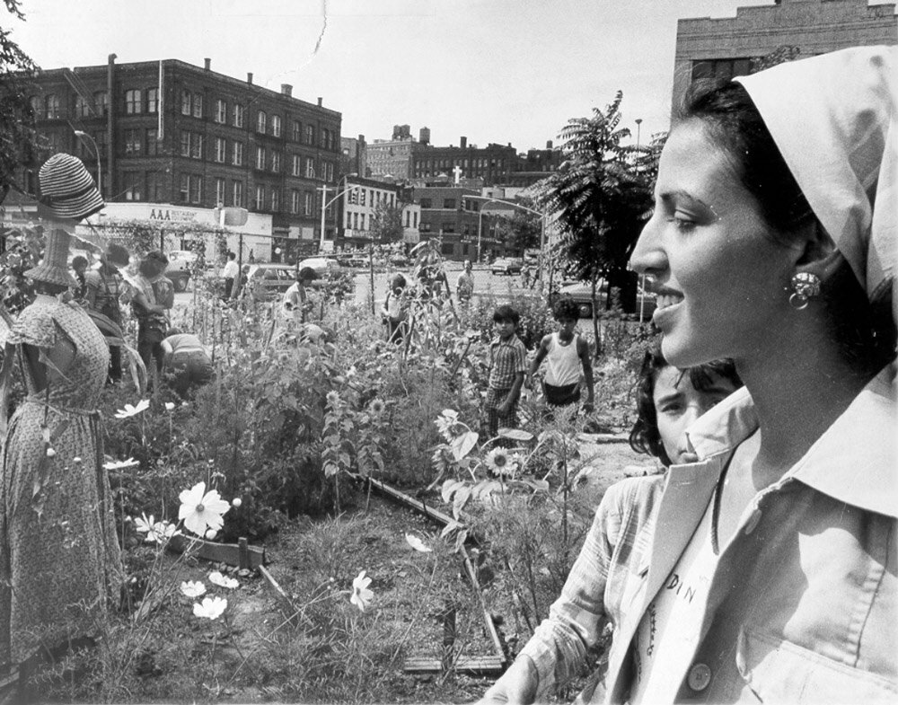 Liz Christy in one of her Lower East Side gardens, New York City, 1975 Photo: Donald Loggins