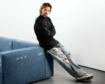 interview: inside harry nuriev's denim furniture exhibition at carpenters workshop gallery