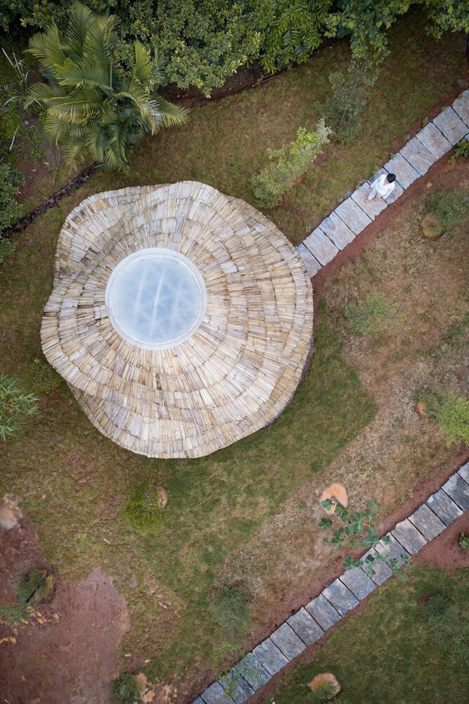 locally harvested bamboo & cane shape this sculptural meditation gazebo in tamil nadu, india