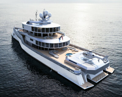 concept star trek enterprise superyacht sails with vast spaces, helipad, and piercing hull