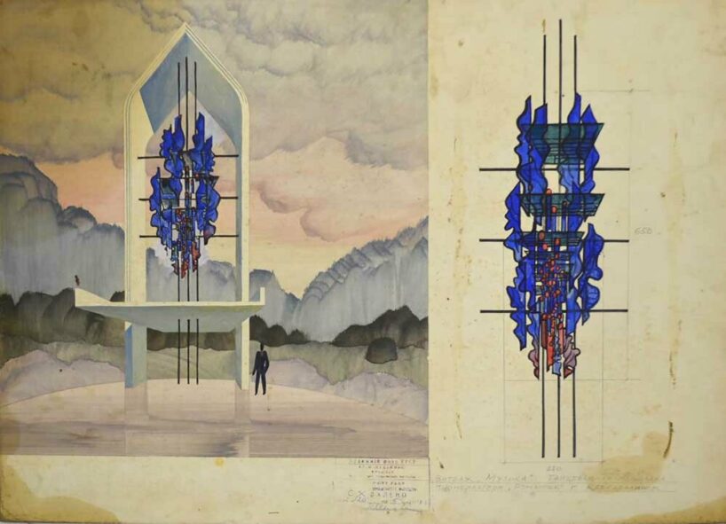 Oleksandr Milovzorov, Entwurfszeichnungen für Glasmalereien im Pionierlager Romantik, Gouache auf Papier, Karkaraly, Kasachische Sozialistische Sowjetrepublik, 1978, mit freundlicher Genehmigung von Alexander Milovzorov