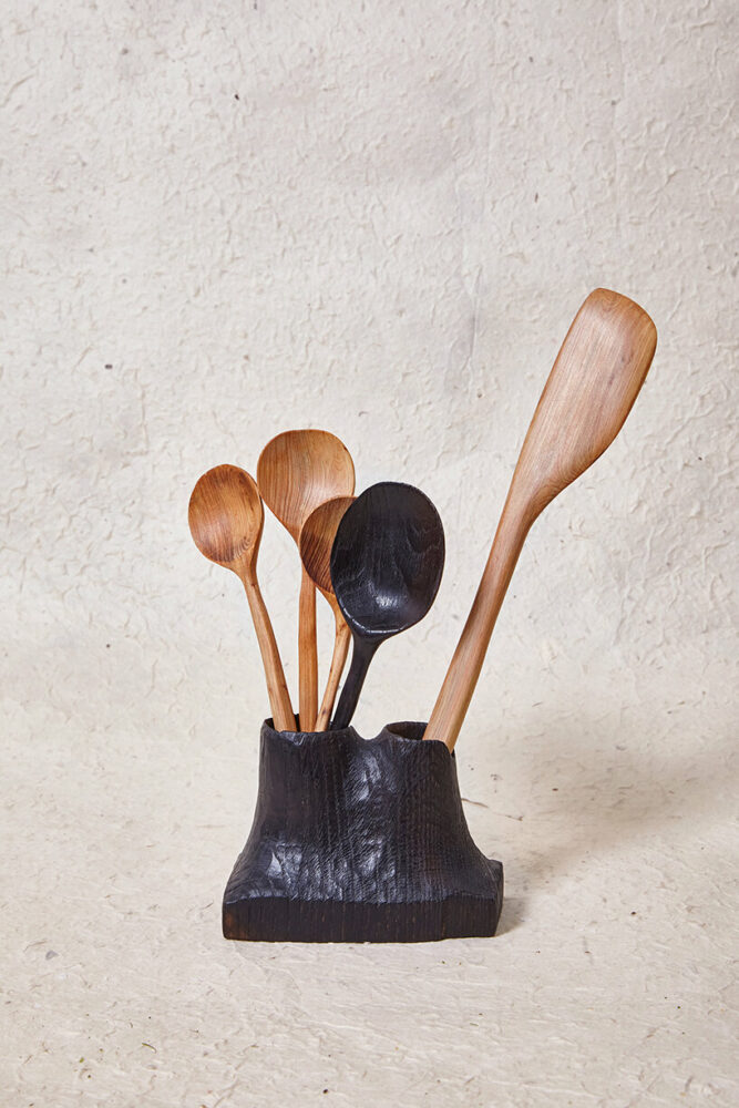 pot, spoons, and wooden spatula by d'Ateljé Loupchat | oak wood and juniper