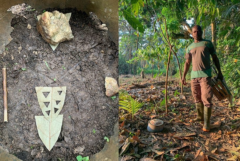 Spider diviner Bollo Pierre Tadios and the spider’s arrangement of leaf-cards during a ‘nggàm dù’ divination, 2019 Nggamdu.org is a project by diviners in the village of Somié, Cameroon