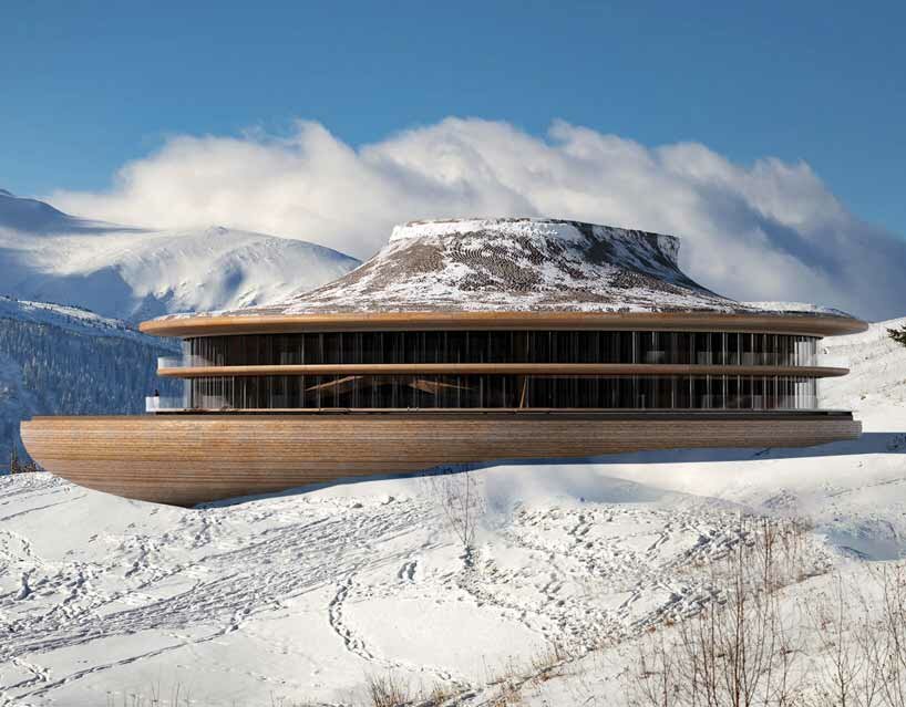 resembling a grand vessel, MAKHNO studio's hotel sails through the carpathian mountains