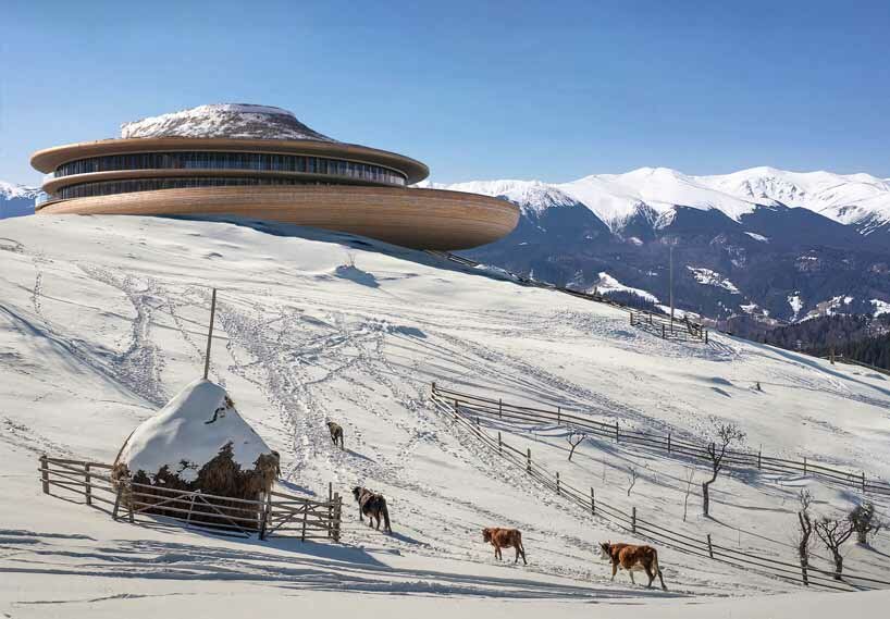 resembling a grand vessel, MAKHNO studio's hotel sails through the carpathian mountains