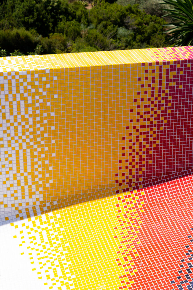 felipe pantone pixelates residential swimming pool with 130,000 rainbow glass mosaics