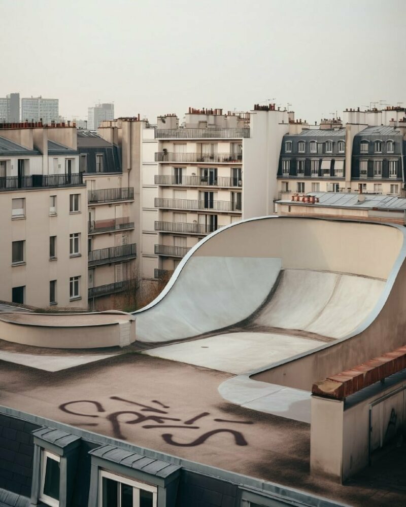 sweeping AI-generated skateparks emerge from the iconic parisian cityscape