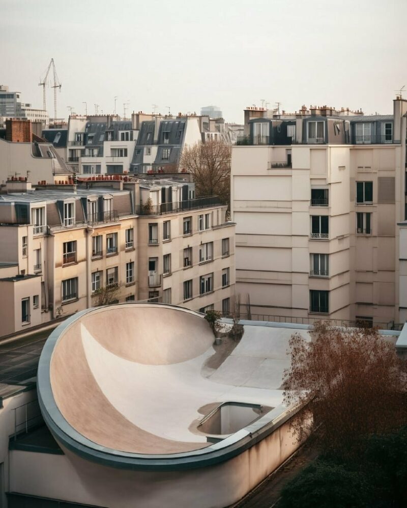 sweeping AI-generated skateparks emerge from the iconic parisian cityscape