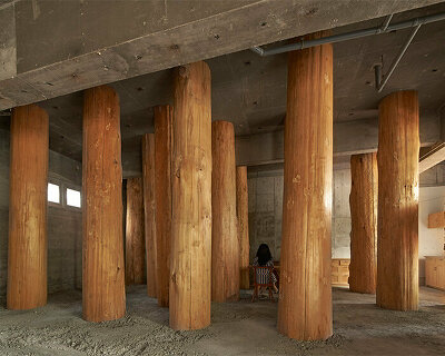 large tree trunks arrow through tomoaki uno's peaceful forest-like office in japan