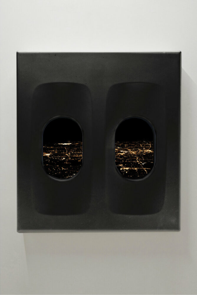 Leandro Erlich, Night flight (2015), Fiberglass reinforced resin, metal structure, 32- inch screen, video player, and video animation 100x14x110 cm