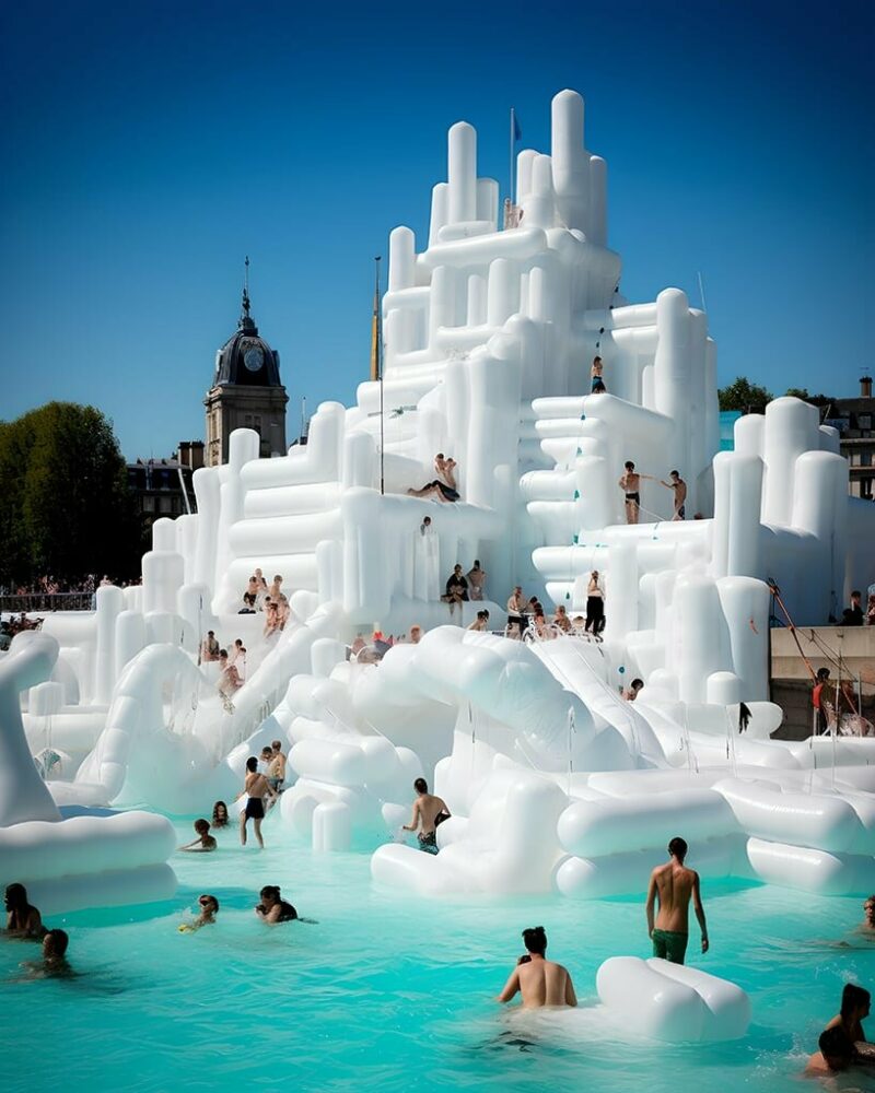 floating fantasies inflates bustling social spaces amid the river seine using midjourney