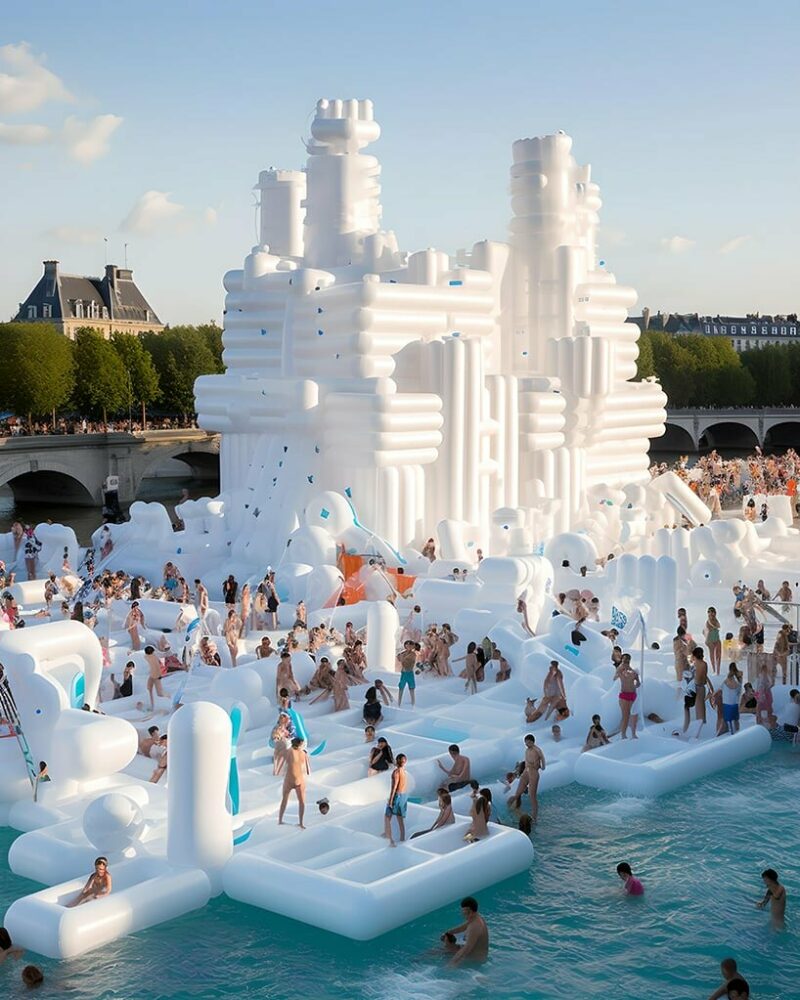 floating fantasies inflates bustling social spaces amid the river seine using midjourney
