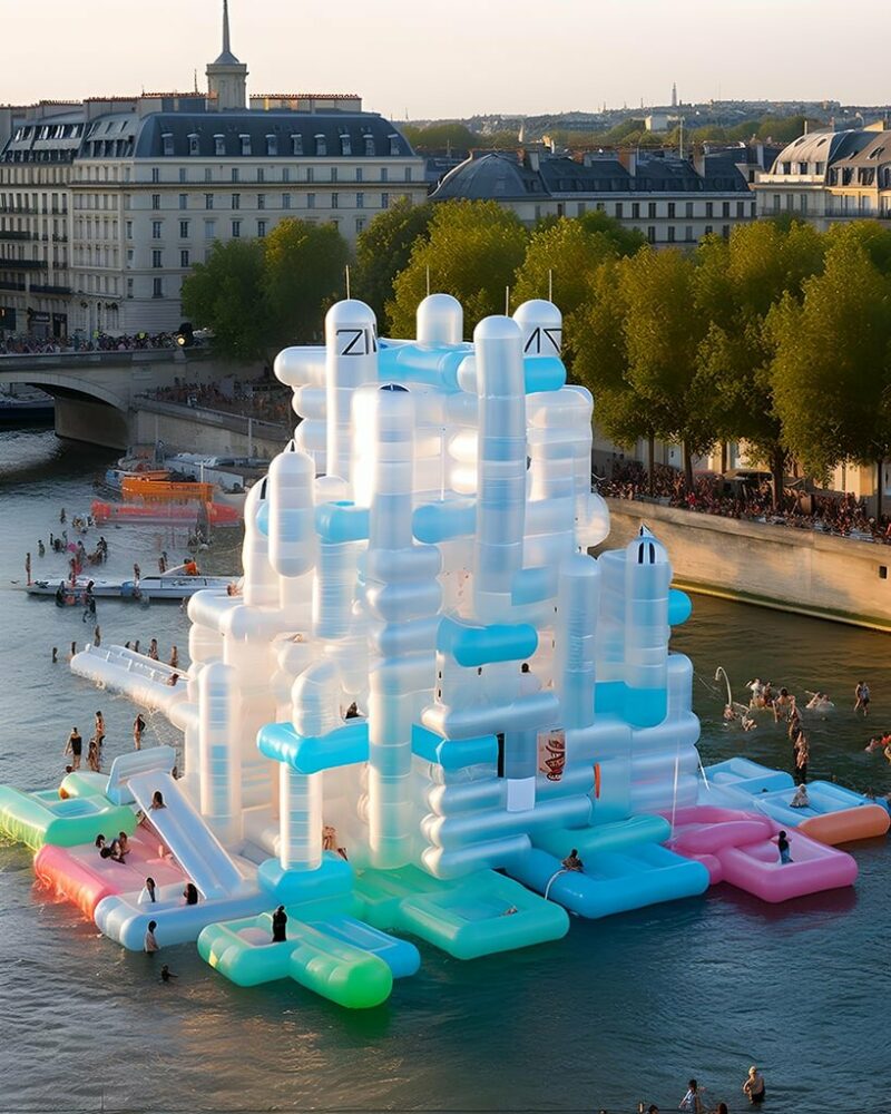 floating fantasies inflates bustling social spaces amid the river seine using midjourney