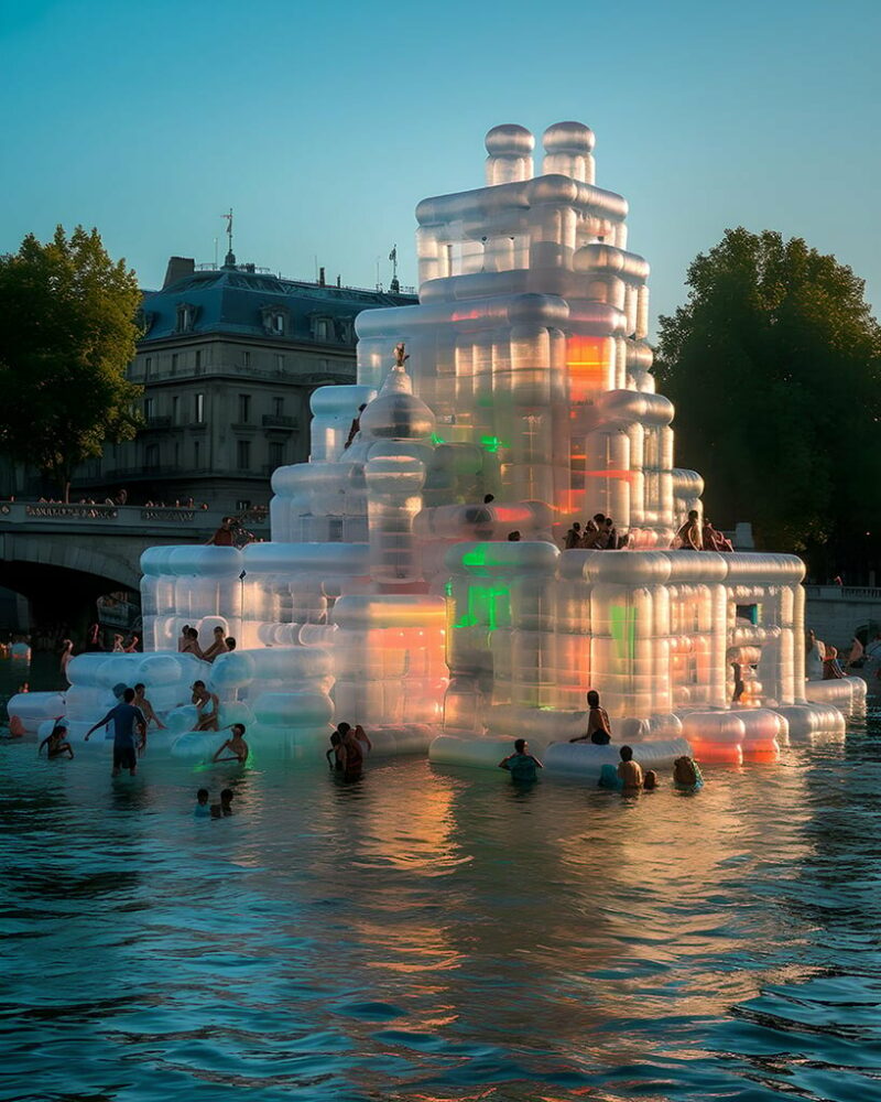 floating fantasies inflates bustling social spaces amid the river seine using midjourney