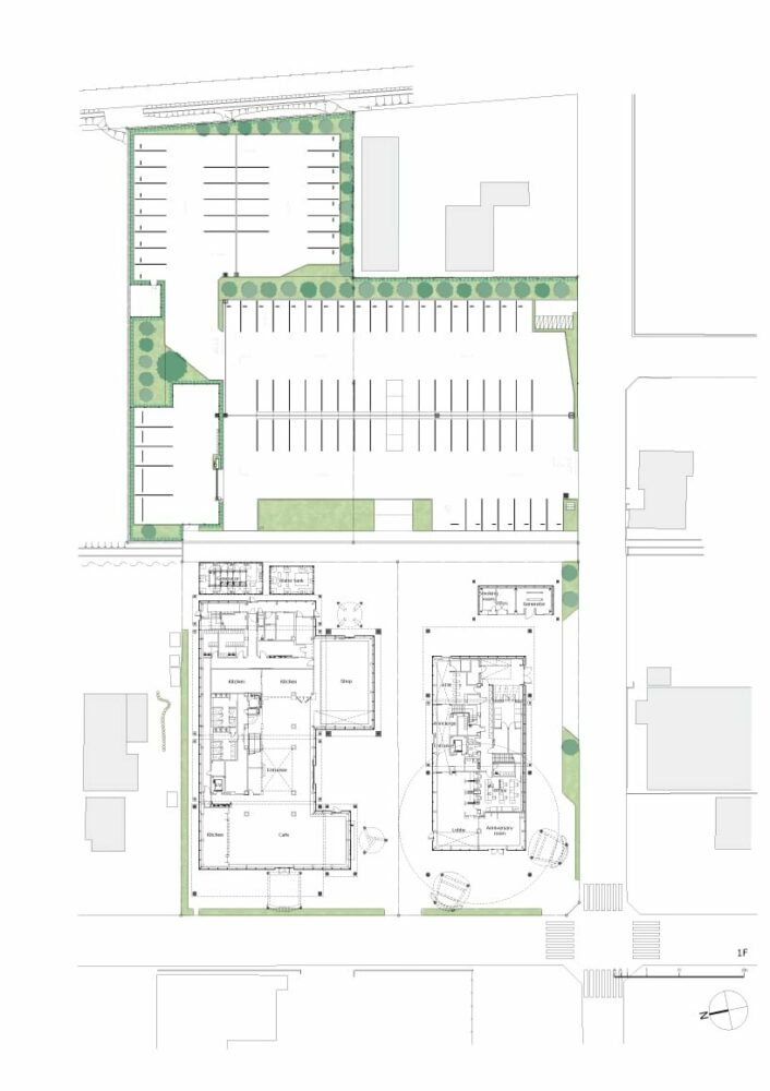 giant set of chairs and table shelters nikken sekkei’s mixed-use ‘sweets bank’ in japan