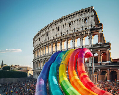 a vibrant AI intervention imagines giant inflated rainbow seeping from rome's colosseum