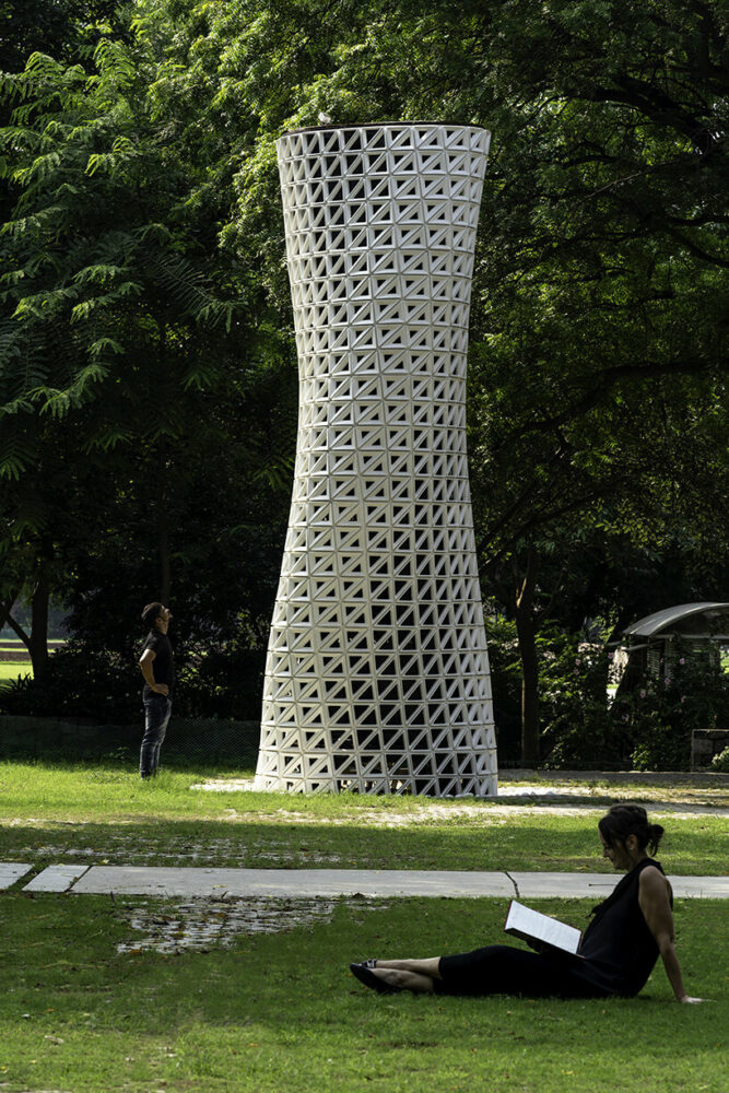 studio symbosis’ aerodynamic + multidirectional air purification tower emerges in new delhi