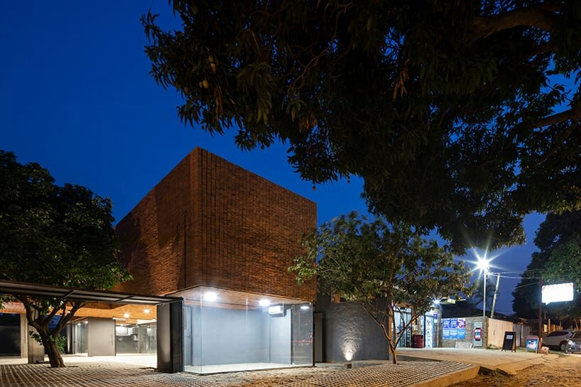 at night, the patterned structure is enlivened by artificial lighting
