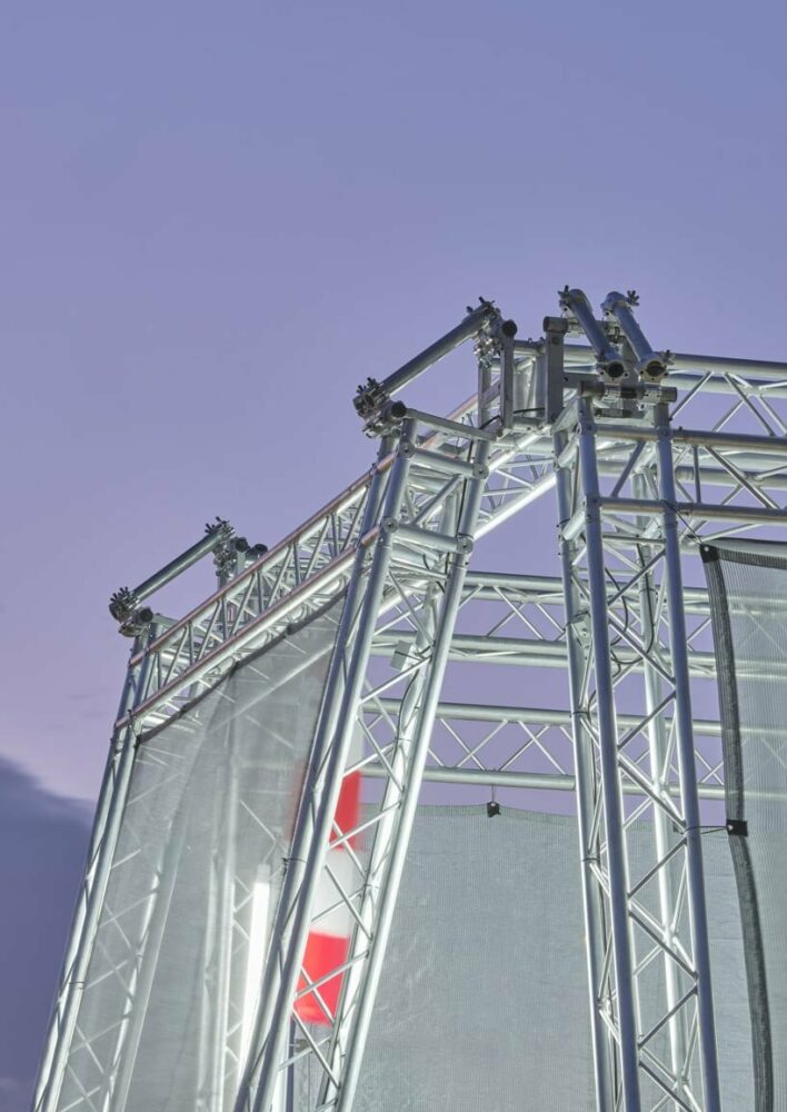 constructed out of rented truss components the pavilion can be quickly assembled and dissembled