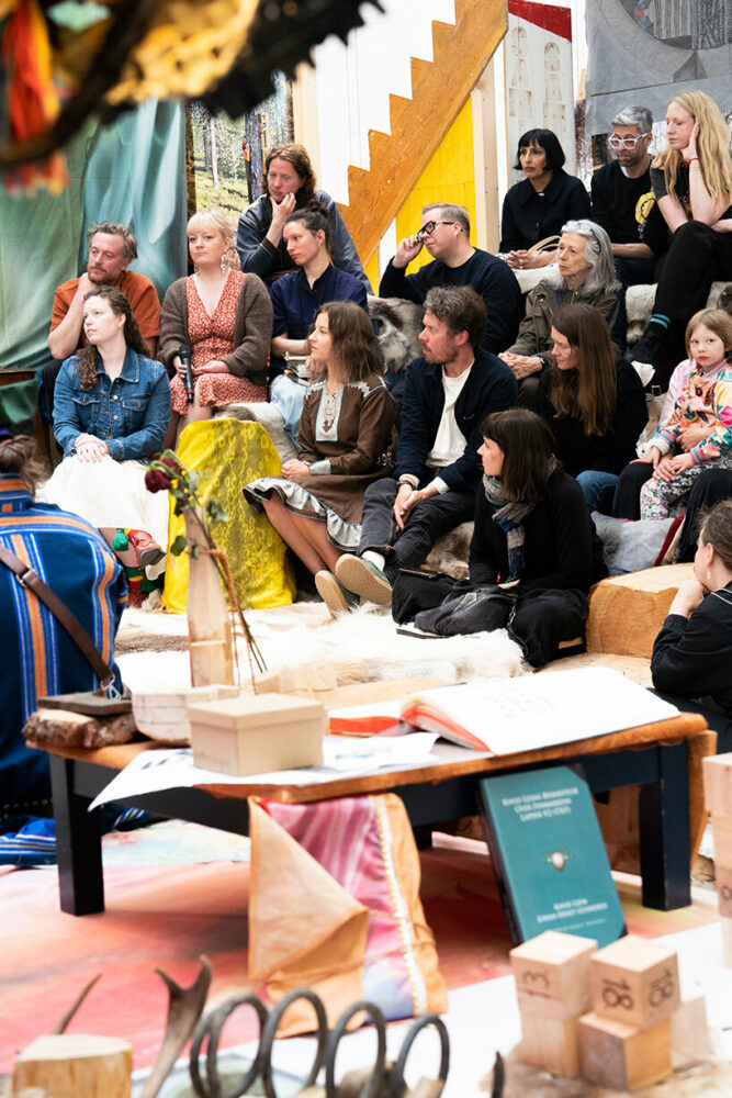 conversation on 'Architecture in Sápmi' with Astrid Fadnes, Jenni Hakovirta, Grethe Johanna Minde, Joar Nango, Káre Raija Anti, Katrine Rugeldal, Eveliina Sarapää, Magnus Antaris Tuolja and Mary Ailonieida Sombán Mari (May 20, 2023). part of 'Girjegumpi: the Sámi Architecture Library' by Joar Nango and collaborators at the Nordic Countries Pavilion (18th International Architecture Exhibition – La Biennale di Venezia) | image by Federico Sutera (2023). CC BY-SA 4.0.