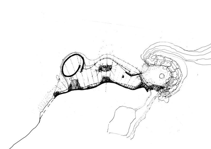 preliminary sketch of !Khwa ttu San Heritage Centre depicting the roof structure and proposed organic plan