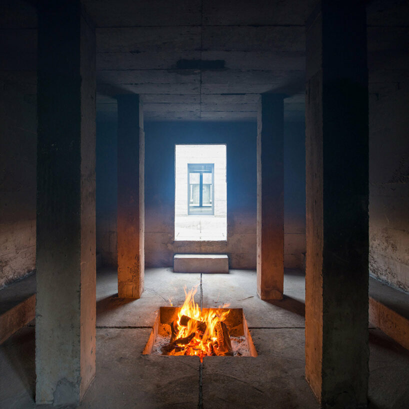 one of the rooms accommodates a sunken firepit 
