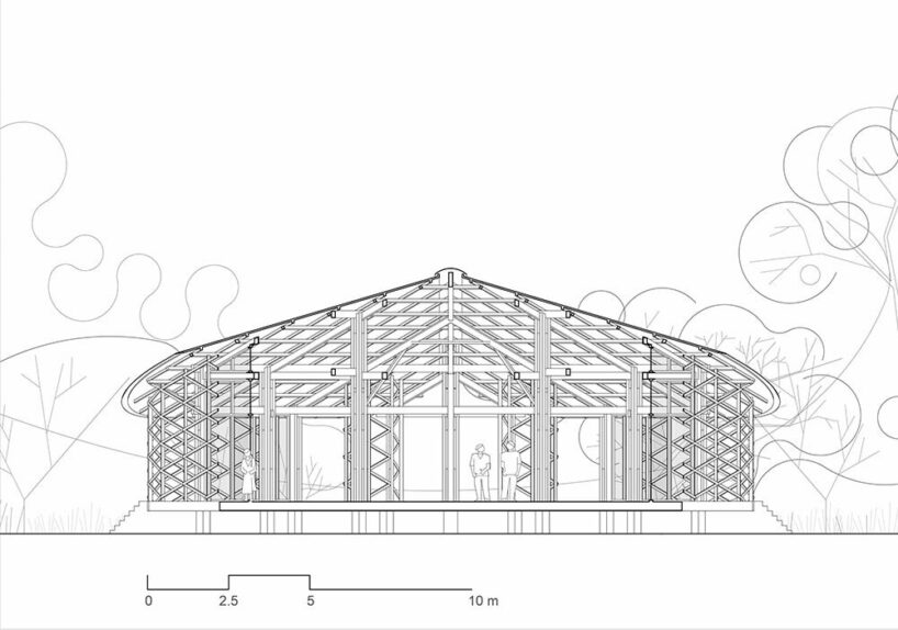 intricate timber latticework envelops st francis oratory amidst thailand’s serene landscapes