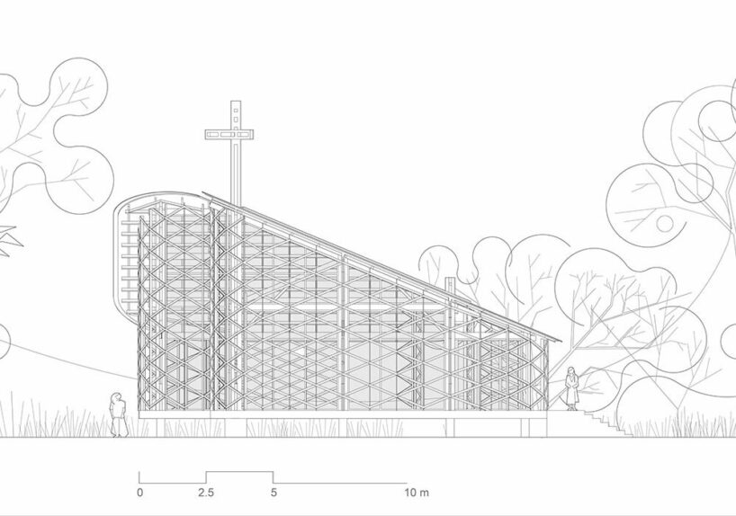 intricate timber latticework envelops st francis oratory amidst thailand’s serene landscapes