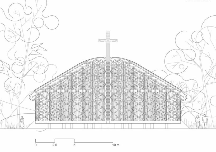 intricate timber latticework envelops st francis oratory amidst thailand’s serene landscapes