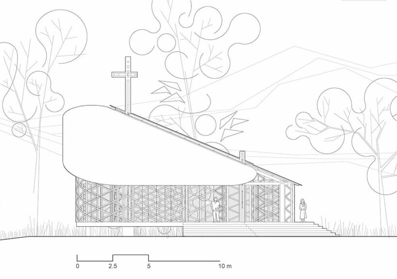 intricate timber latticework envelops st francis oratory amidst thailand’s serene landscapes