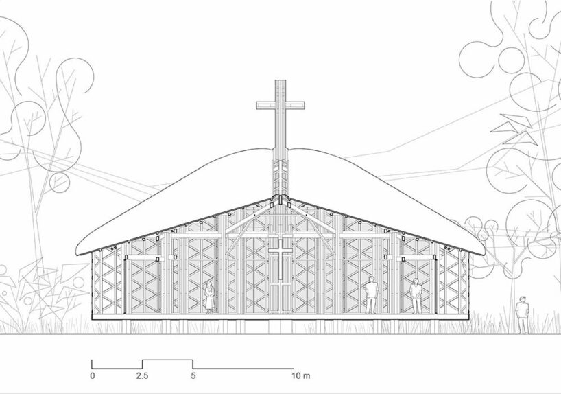 intricate timber latticework envelops st francis oratory amidst thailand’s serene landscapes