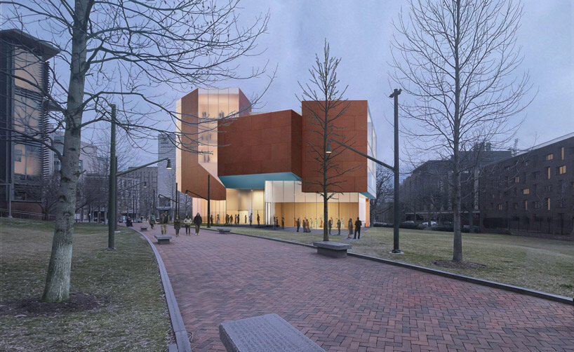 translucent floating trapezoids top steven holl's arts center for university of pennsylvania