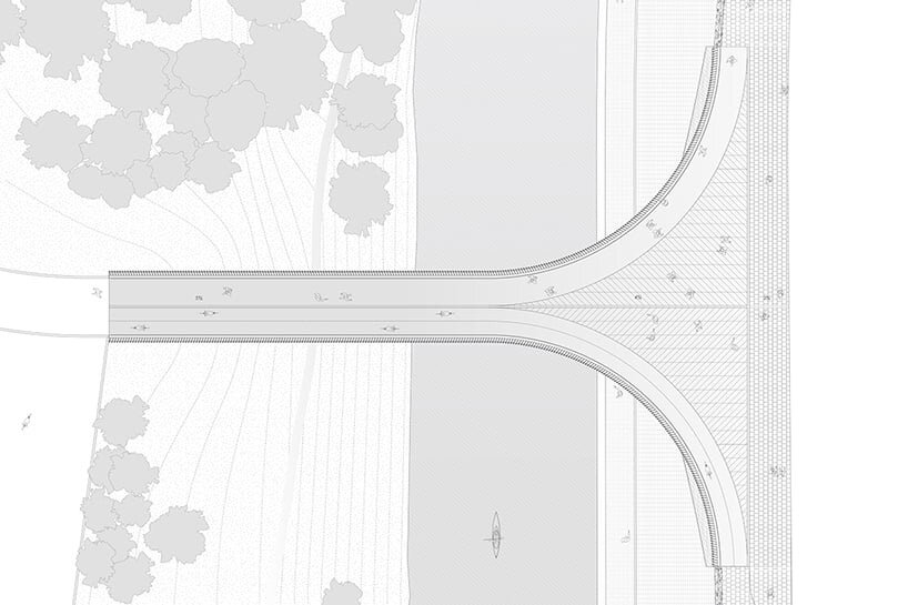 winding pedestrian ‘bridge-plaza’ converges historic lithuanian city center with public park