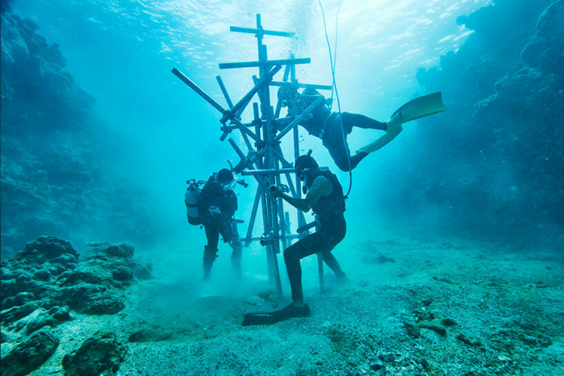 Makoto and his team tied many bouquets of flowers to the base structure