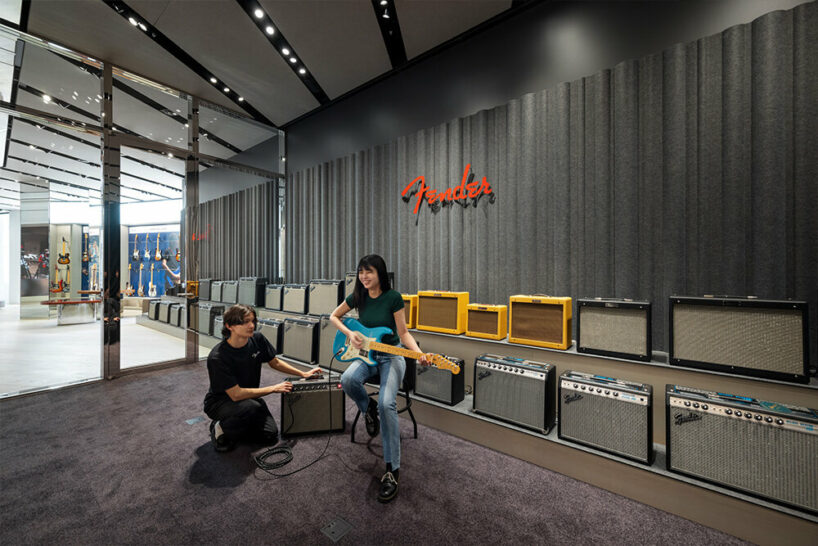 The 2nd Floor sound-proofed Amp Room; allowing customers to try out and familiarize themselves with any Fender guitar and amp