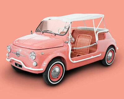 bonacina and garage italia turn fiat 500 spiaggina in summer pink car with woven rattan seats