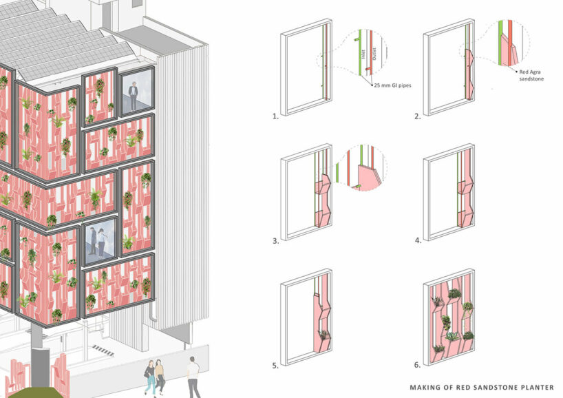shared workspaces in india are wrapped in a living facade of stone planters