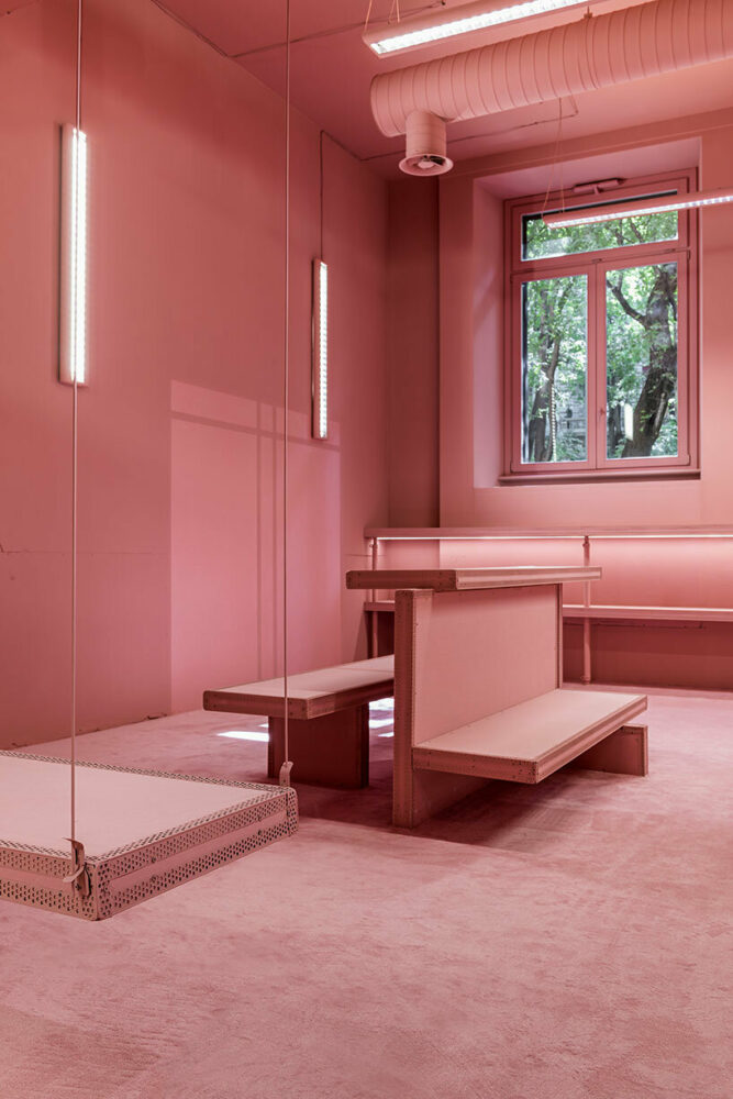 vibrant shades of pink clad paris texas showroom by studioboom in milan