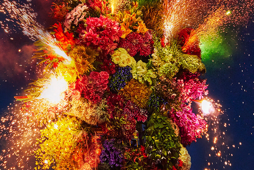 azuma makoto's botanical sculpture blossoms amidst colorful fireworks