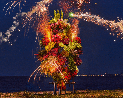 azuma makoto's botanical sculpture blossoms amidst colorful fireworks