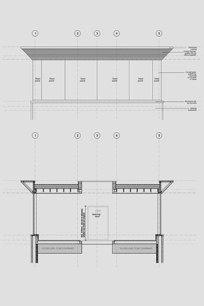 section and elevation drawings of the Curved Glass Gym