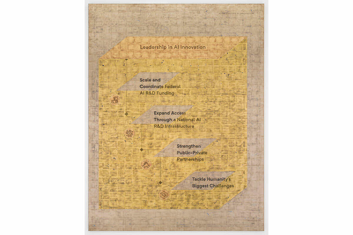 Tackle Humanity’s Biggest Challenges, 2023, 24k gold, moon gold and red gold leaf and oil on linen, 259.7 x 200.7 x 3.8 cm / 102 1/4 x 79 x 1 1/2 in