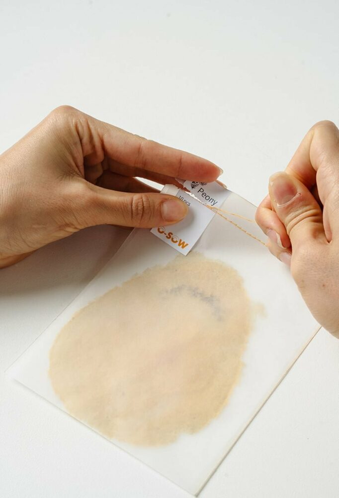 a tear thread facilitates opening, revealing the sheets within, while a label denotes the seed type and sheet count