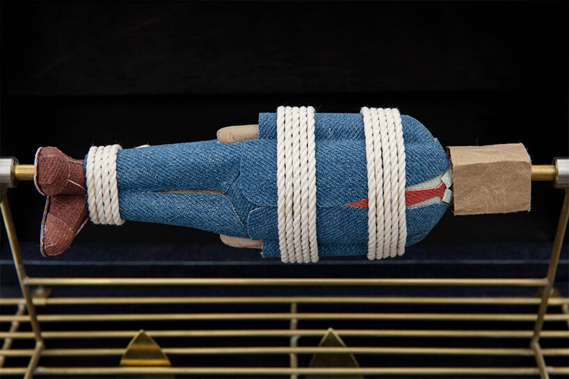 Pig (detail), 2023. Brass, denim, plywood, rubber, flashe, paper, hardware. 21 1/2 x 15 x 12 inch. Photographer: Guillaume Ziccarelli. Courtesy of the artist and Perrotin.